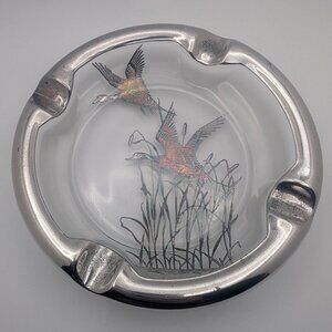 Mallard duck art coloured clear glass ashtray retro vintage heavy